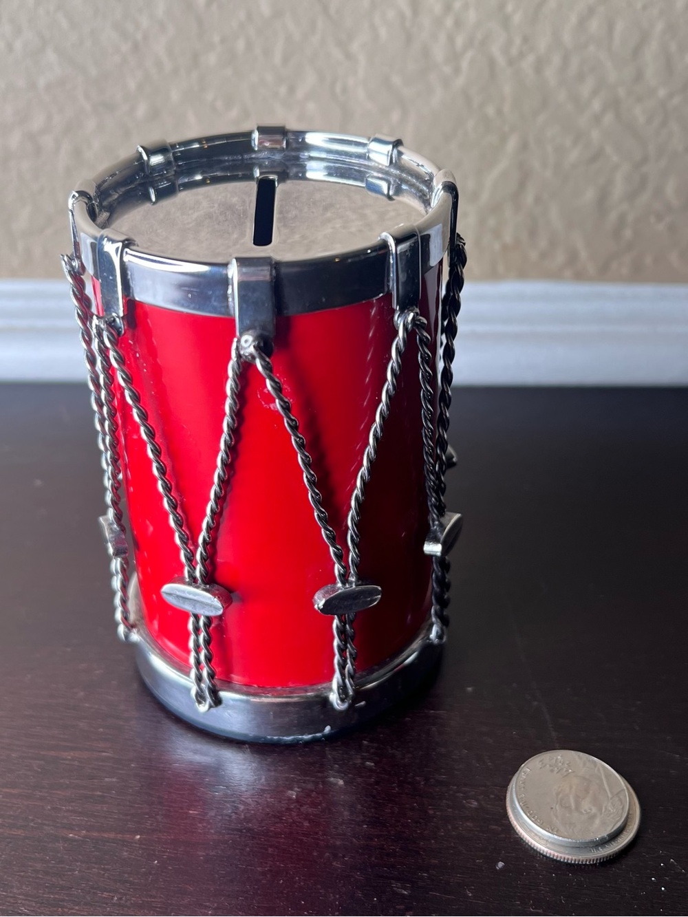 Vintage 1980s Gorham Silverplate Drum Coin Bank, Red Snare Drum, Musician Gift
